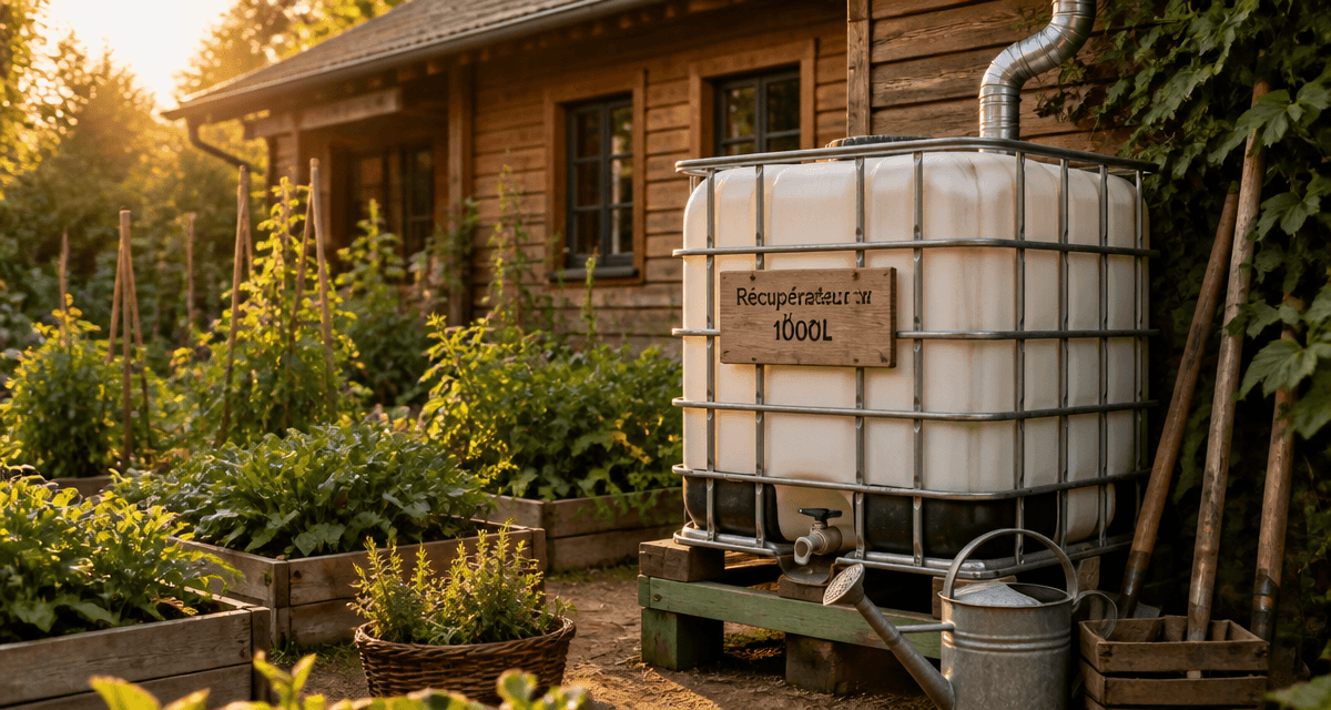 récupérateur d'eau 1000l sur palette au potager