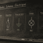Symbole schéma électrique dessinés à la craie sur tableau noir