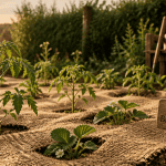 toile de paillage biodégradable sur terre avec jeunes plants