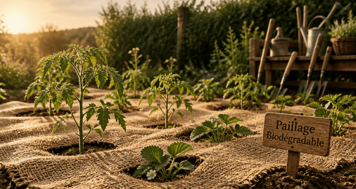 toile de paillage biodégradable sur terre avec jeunes plants