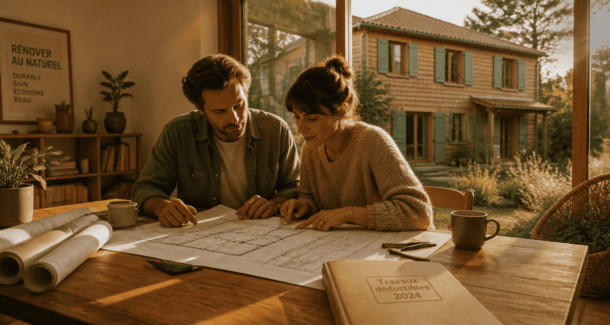 Travaux déductibles impôts résidence principale 2024, couple examinant des plans de rénovation