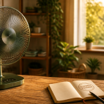 ventilateur basse consommation sur table en bois, lumière dorée