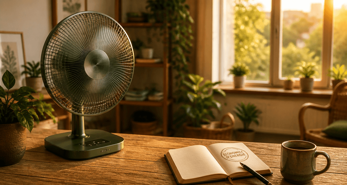 ventilateur basse consommation sur table en bois, lumière dorée