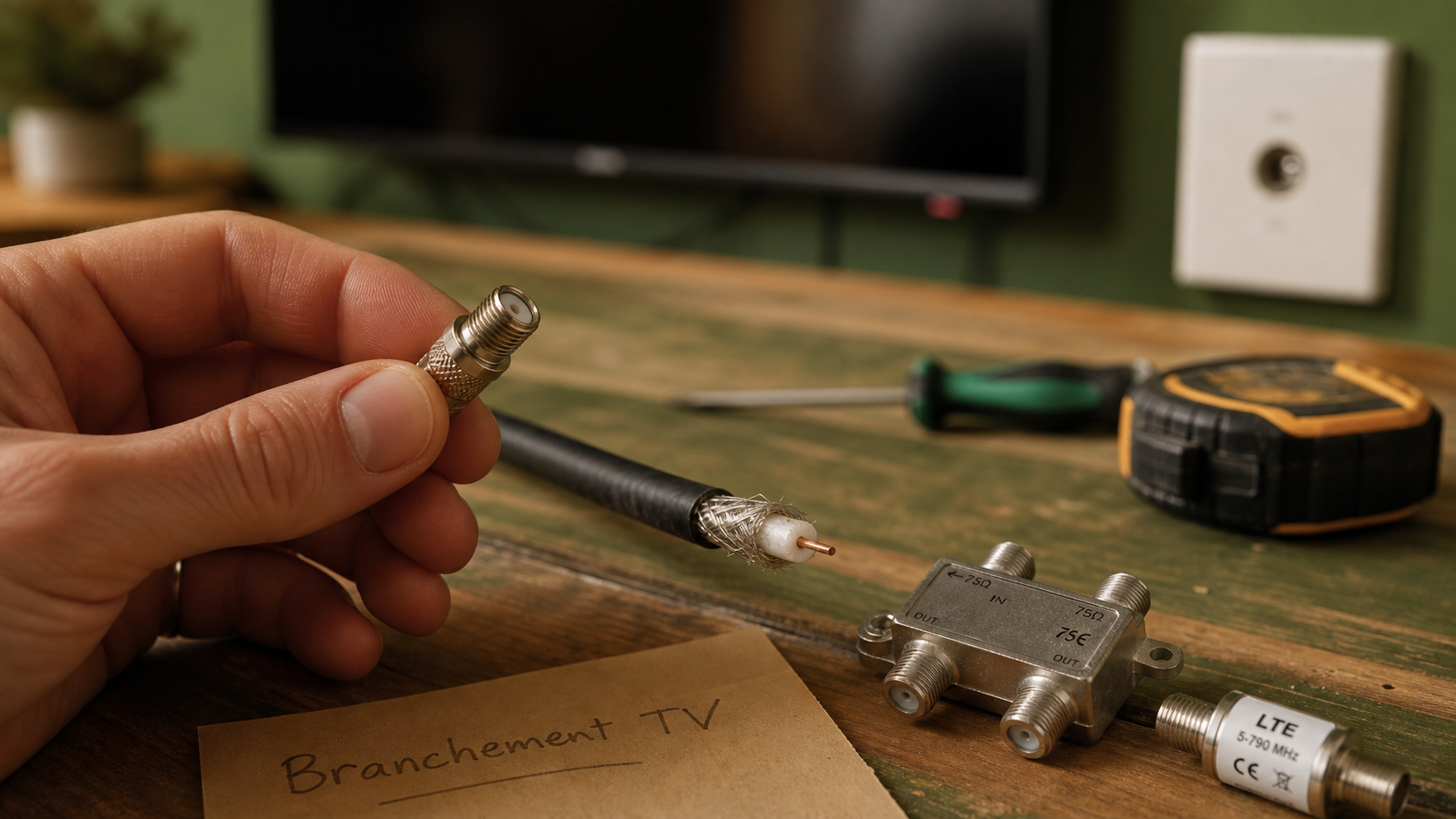Branchement antenne tv schema : fiche F coaxiale et câble