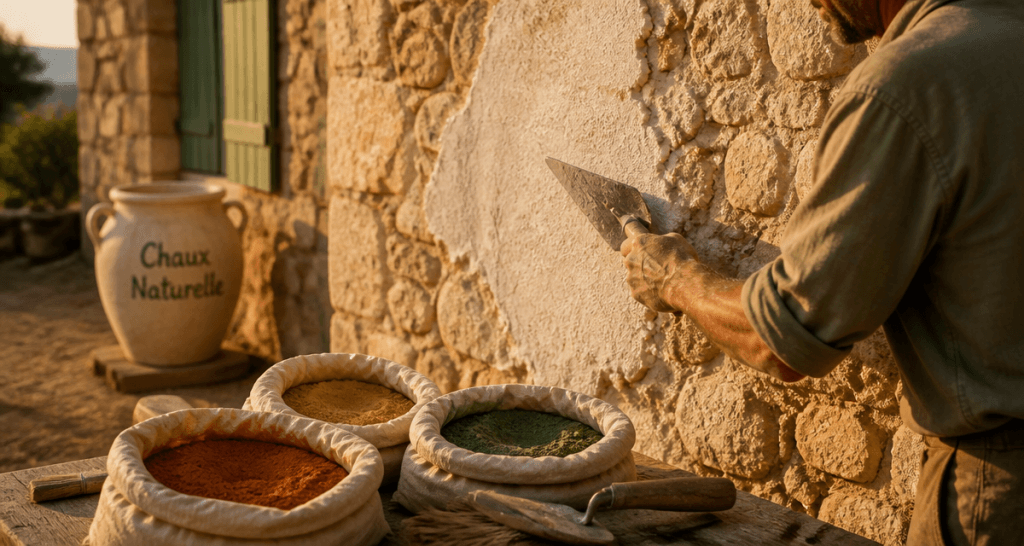 Artisan applique chaux enduit sur mur en pierre
