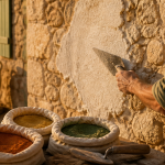 Artisan applique chaux enduit sur mur en pierre