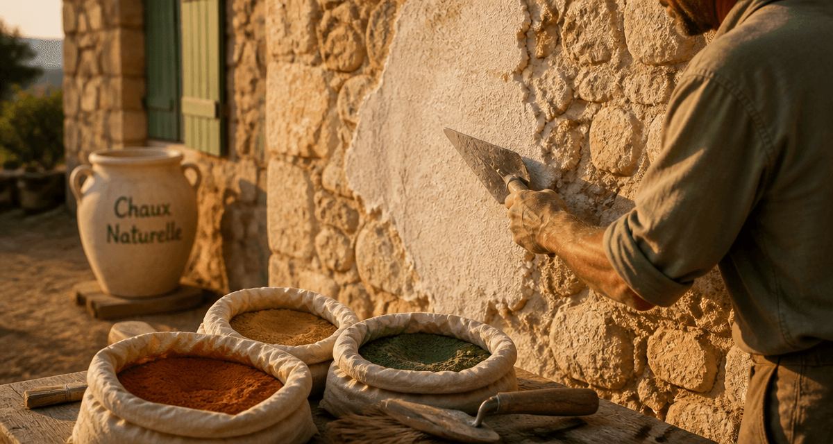 Artisan applique chaux enduit sur mur en pierre