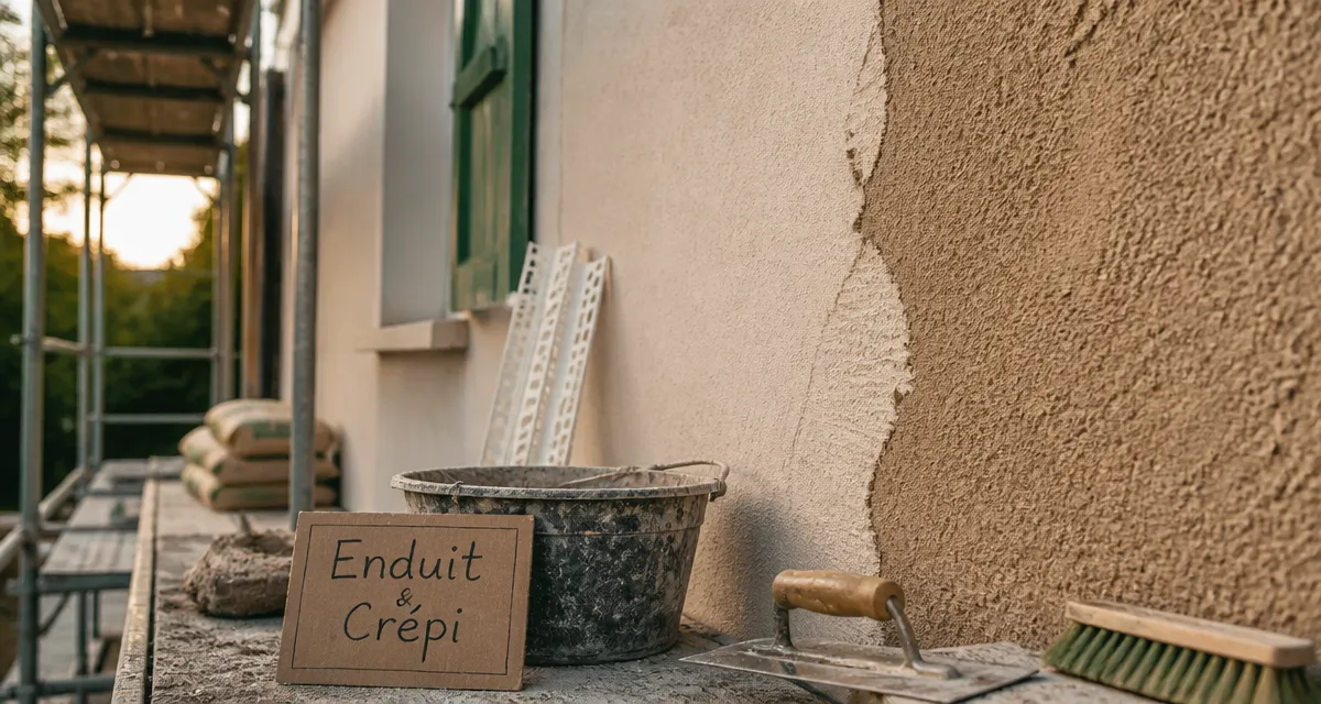 Crépi ou enduit extérieur : façades au cours de ravalement sur échafaudage
