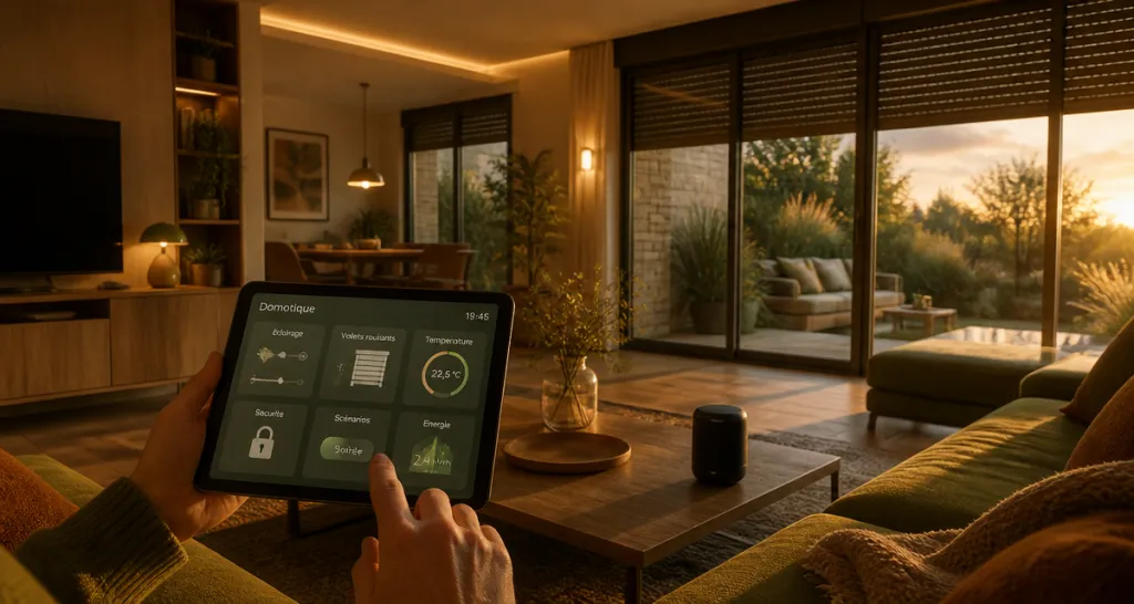 Domotique définition, salon connecté avec tablette