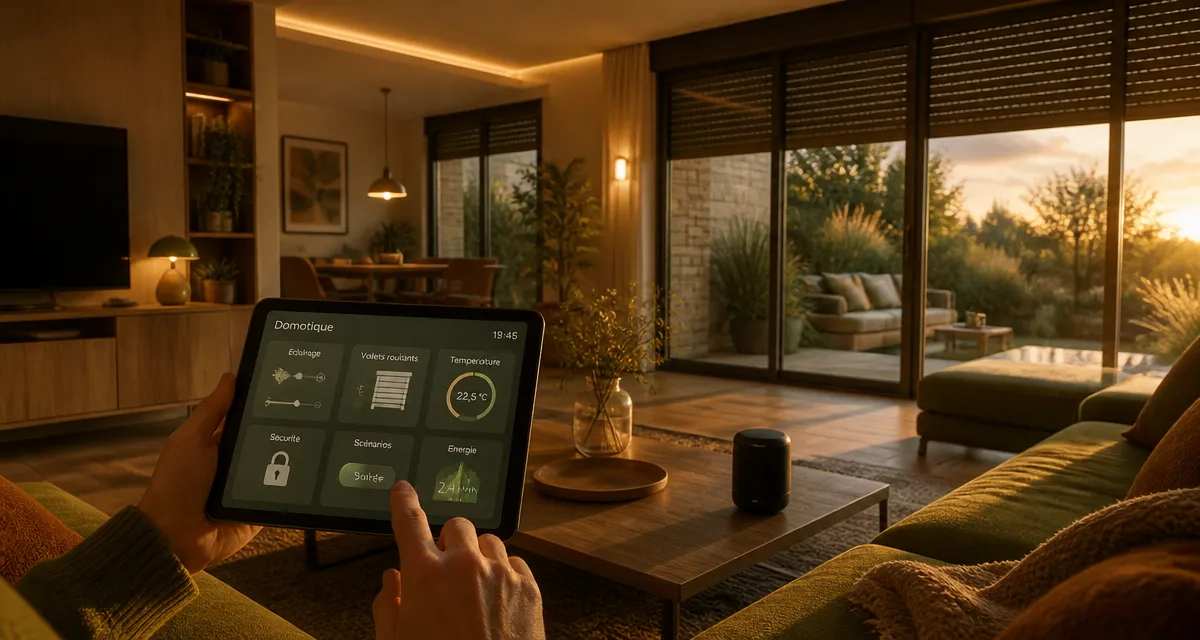 Domotique définition, salon connecté avec tablette