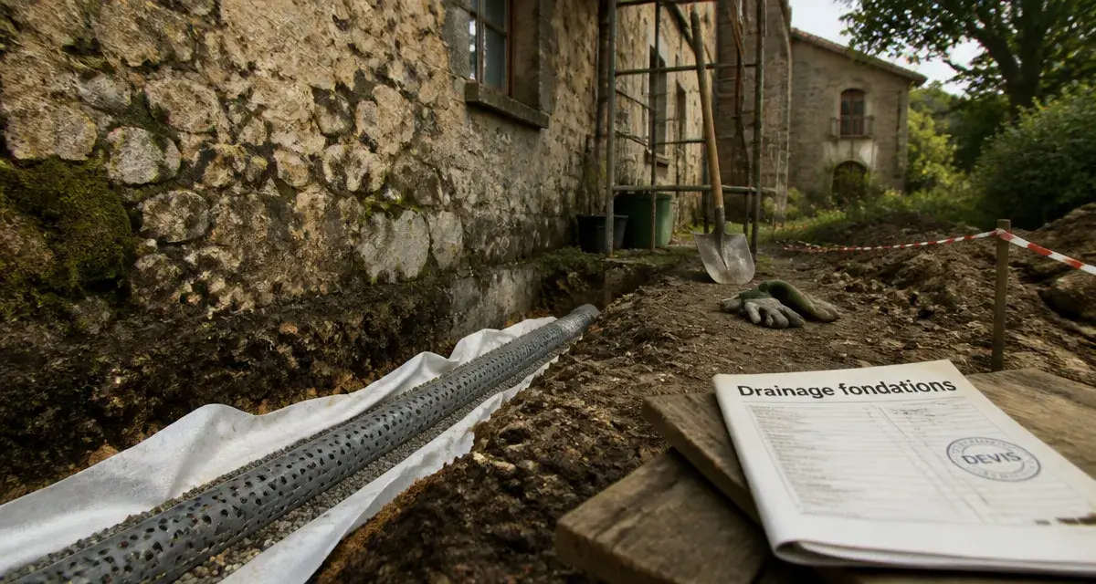 Drainage maison ancienne prix : tranchée de fondations, tuyau PVC et géotextile