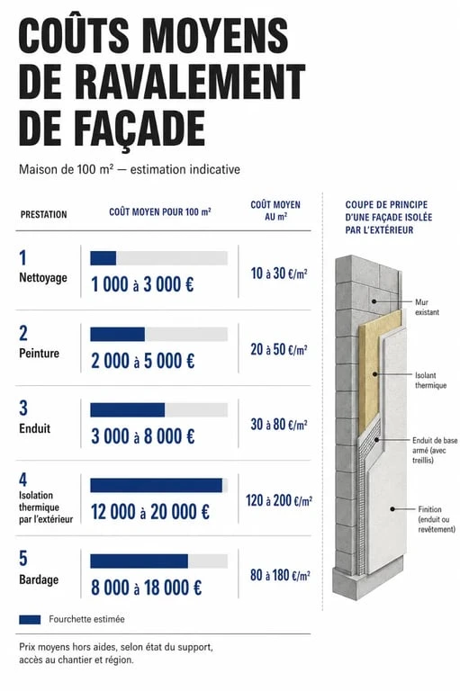Tableau récapitulatif des prix moyens pour un ravalement de façade de maison de 100m2