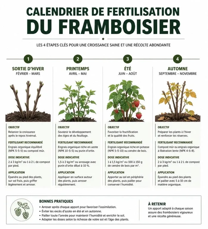 Calendrier de fertilisation du framboisier : calendrier annuel des apports d'engrais pour une récolte optimale.