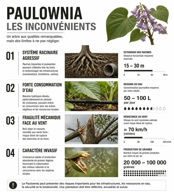Infographie résumant les principaux inconvénients du paulownia pour le jardin