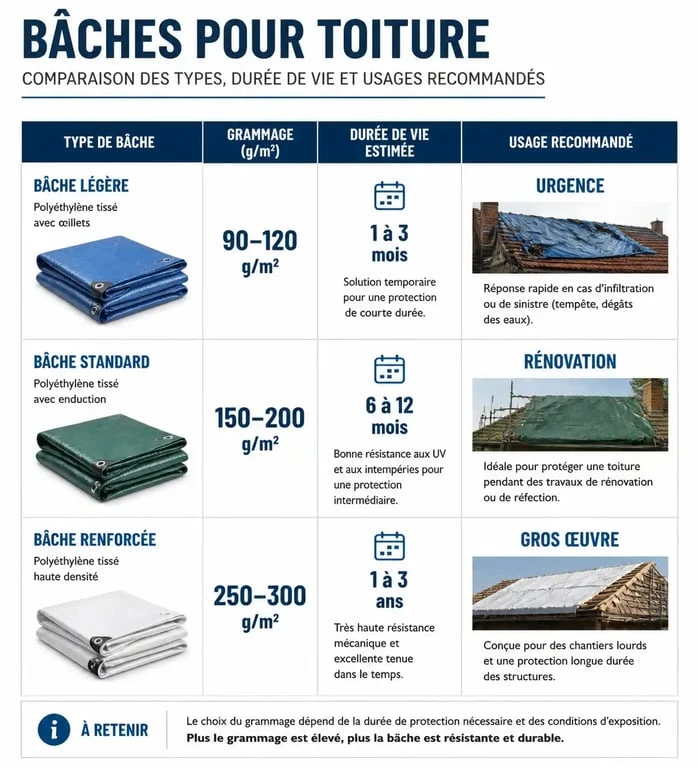 Tableau comparatif des types de bâche pour toiture selon le grammage et l'usage