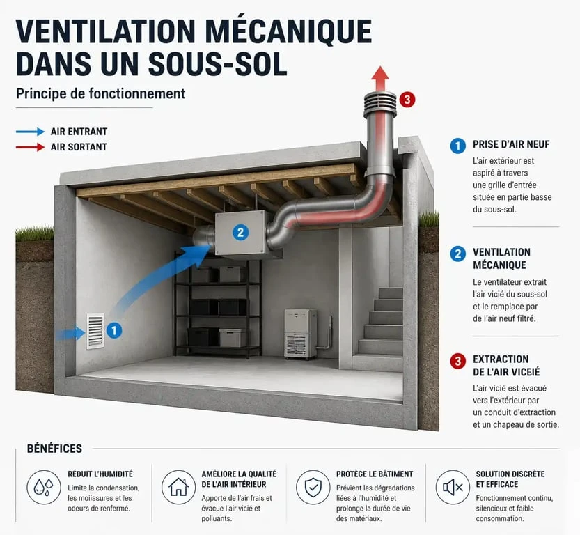 Schéma de fonctionnement de la ventilation mécanique en sous-sol pour assainir l'air