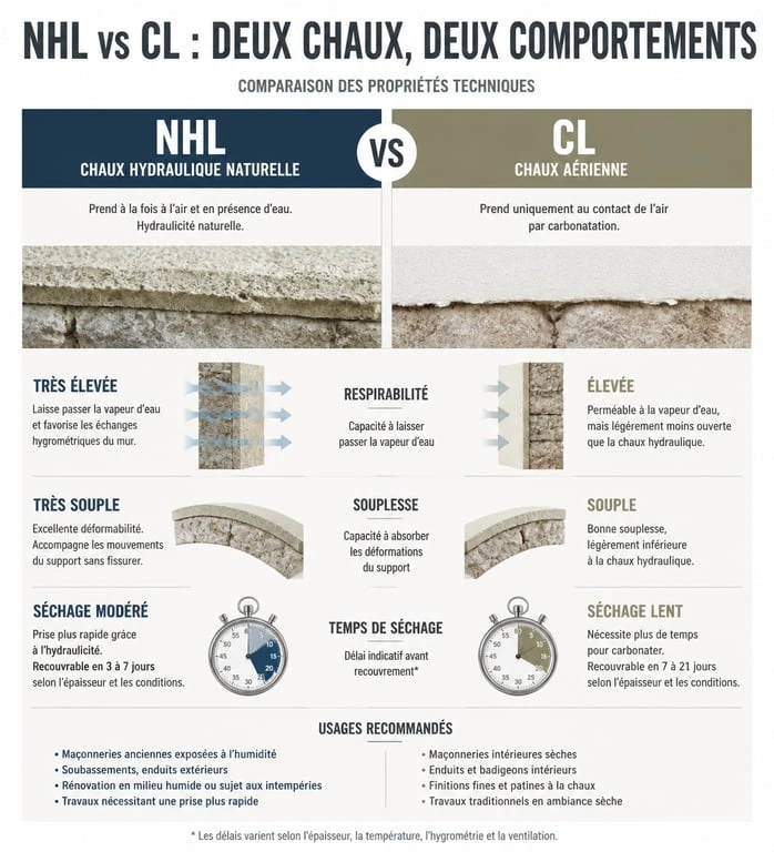 Infographie comparative des propriétés techniques de l'enduit à la chaux hydraulique et aérienne