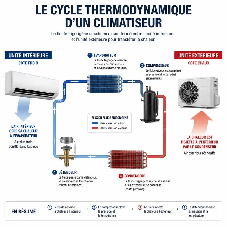 Schéma du fonctionnement d'un climatiseur et cycle thermodynamique