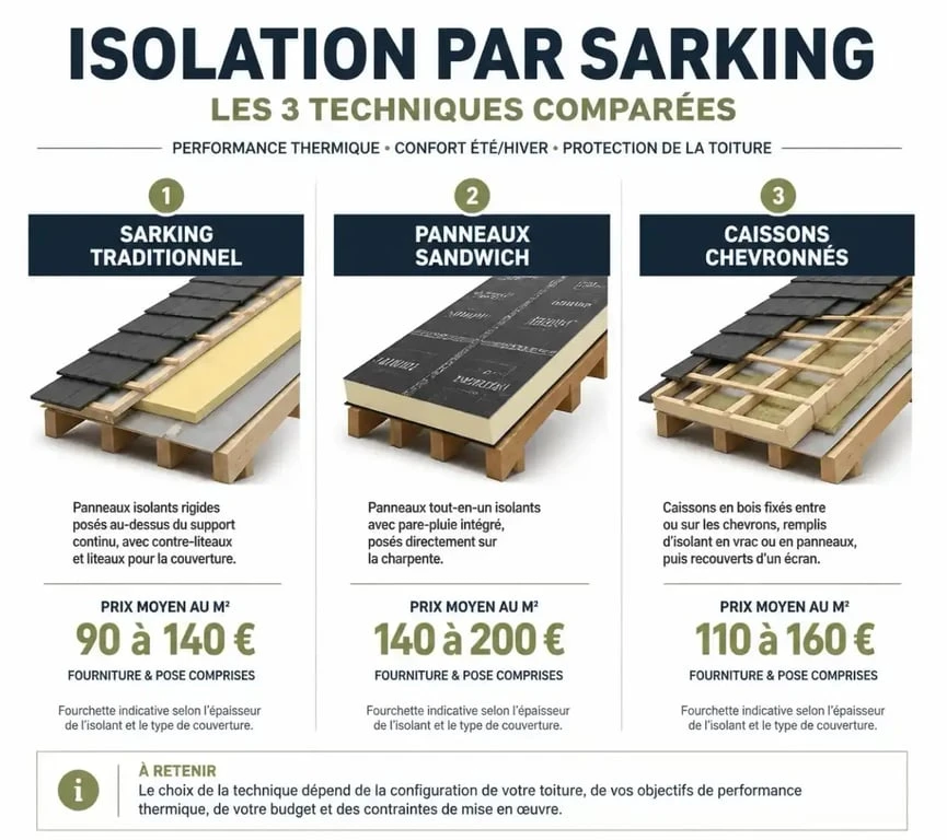 Comparatif des prix au m2 pour l'isolation de toiture par sarking selon la technique utilisée