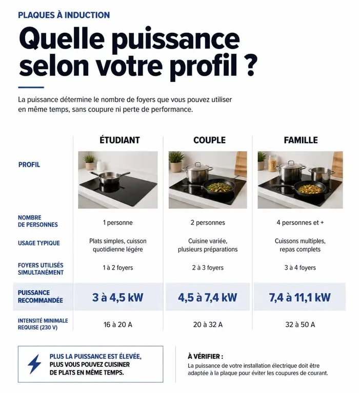 Infographie des besoins en puissance pour plaque induction selon le profil utilisateur