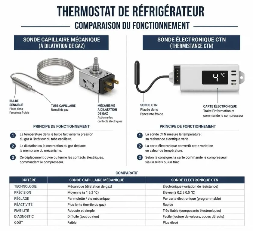 Schéma comparatif d'un thermostat frigo mécanique à sonde capillaire et d'un thermostat électronique à sonde CTN