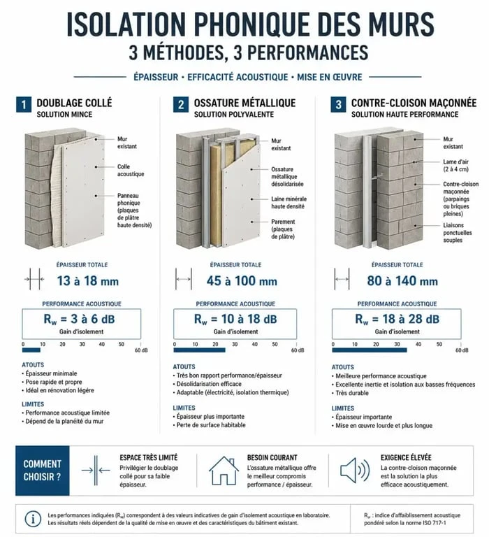 Comparatif des techniques pour isoler phoniquement une pièce : doublage collé, ossature métallique et contre-cloison