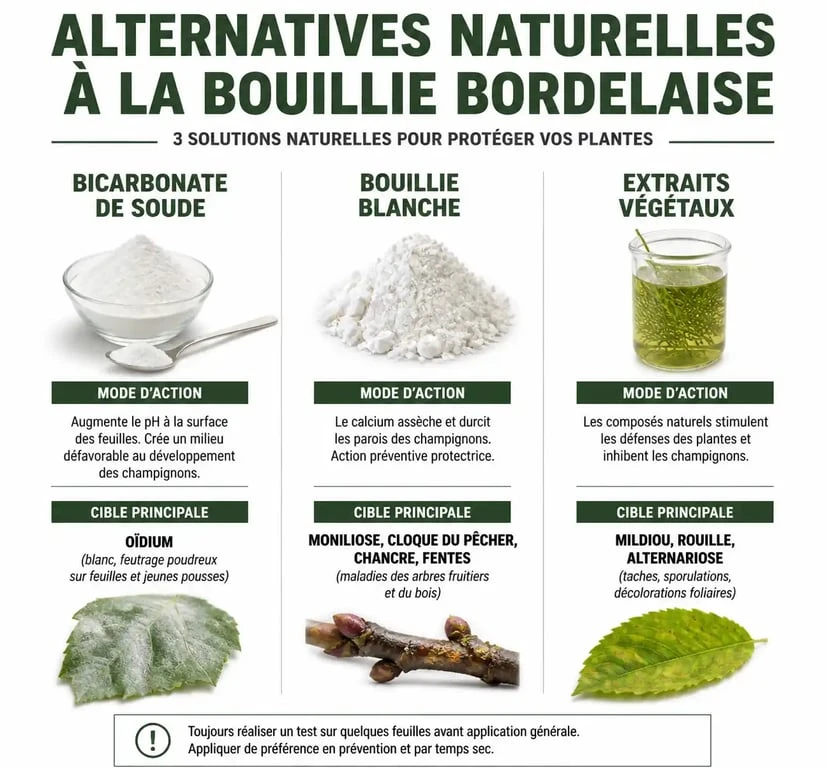 Infographie comparative des alternatives naturelles à la bouillie bordelaise pour le potager
