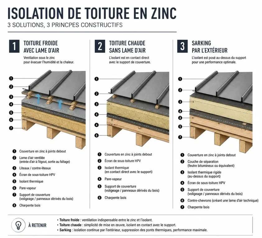 Schéma comparatif des méthodes d'isolation pour toiture en zinc : toiture froide, toiture chaude et sarking