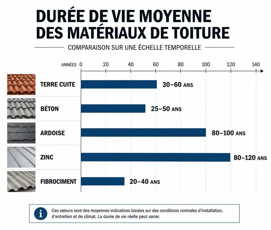 Infographie comparative de la durée de vie des matériaux de toiture, incluant la terre cuite, le béton, l'ardoise, le zinc et le fibrociment.