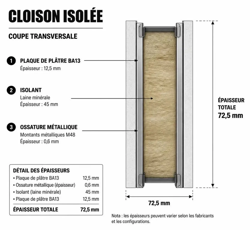 Schéma technique de l'épaisseur d'une cloison avec isolation placo et laine de roche