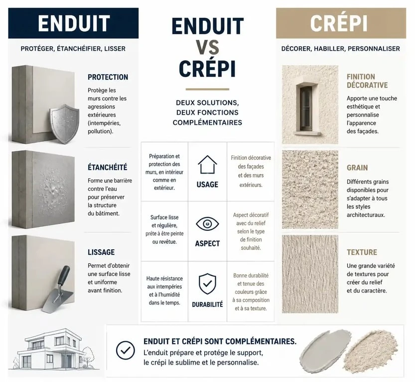 Comparatif technique entre crépi et enduit extérieur pour façade