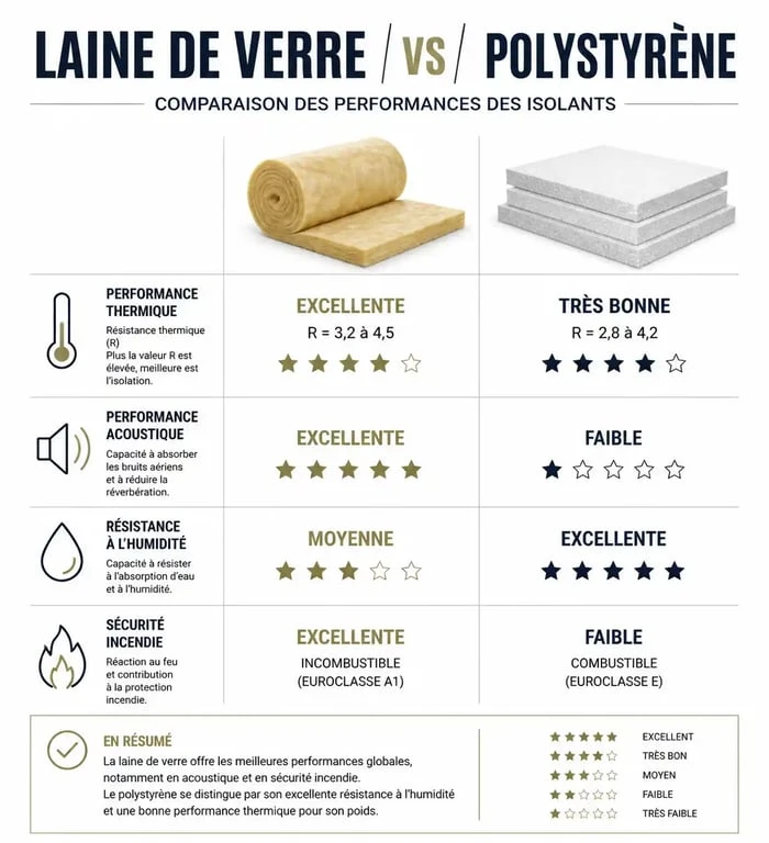 Comparatif isolation polystyrène ou laine de verre : propriétés thermiques, acoustiques et résistance à l'humidité