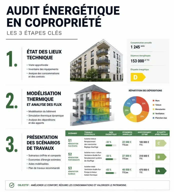 Infographie des étapes d'un audit énergétique en copropriété