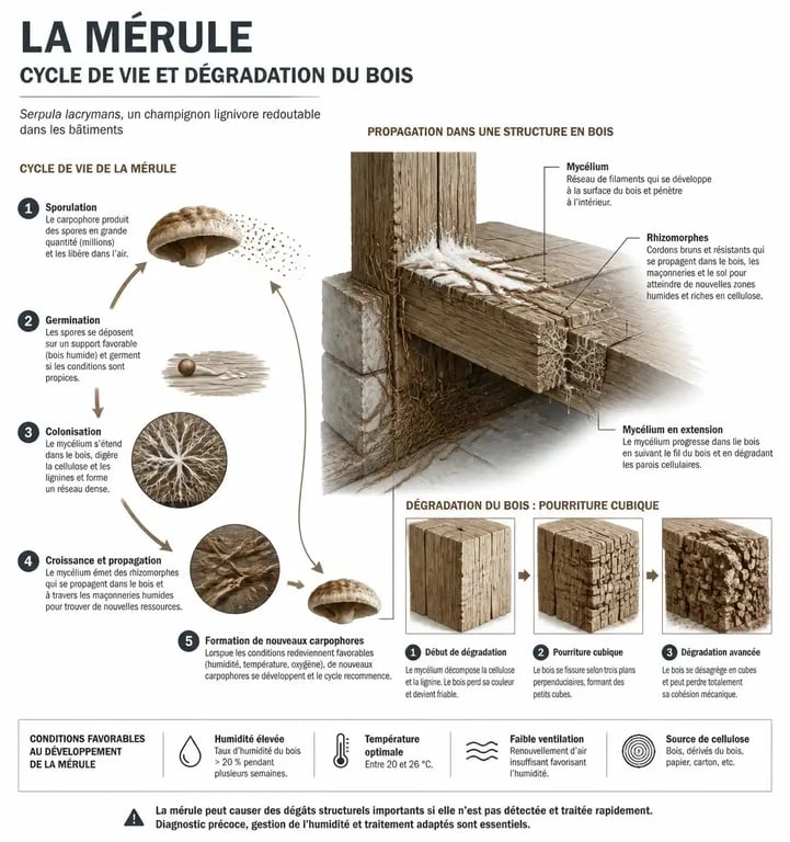 Schéma explicatif du développement de la mérule dans le bois et ses effets destructeurs
