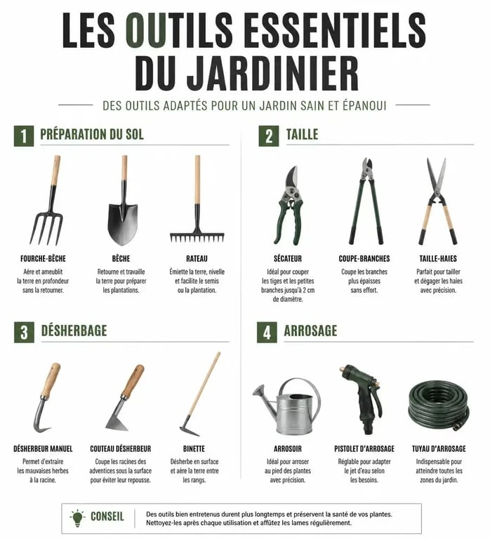Infographie des outils de jardinage essentiels pour débutants et amateurs, incluant bêche, sécateur et binette pour illustrer la liste des outils de jardinage avec photos.
