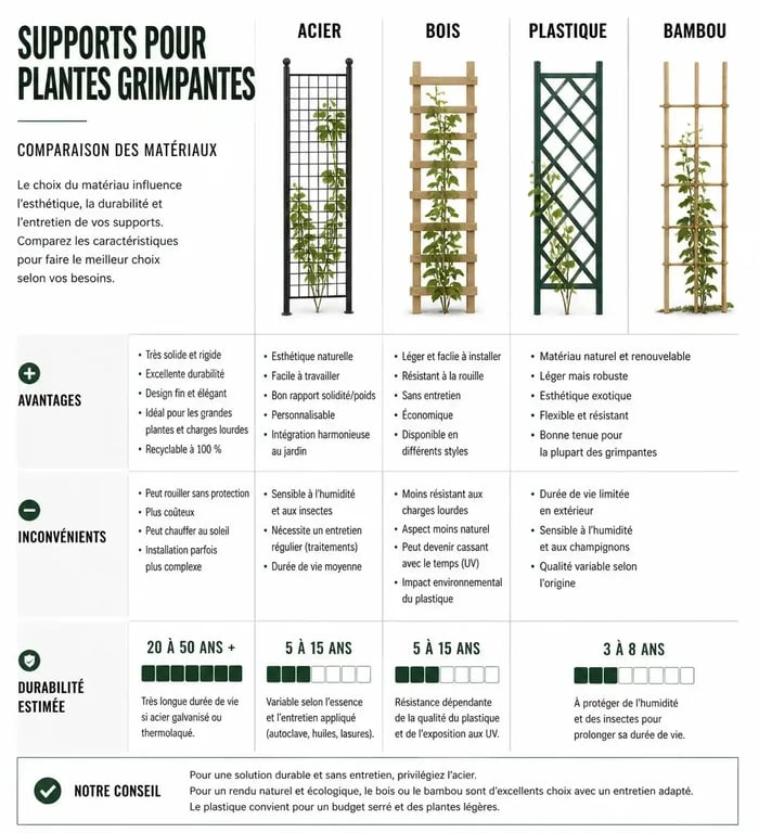 Infographie comparative des matériaux pour support plante grimpante : acier, bois, plastique et bambou.