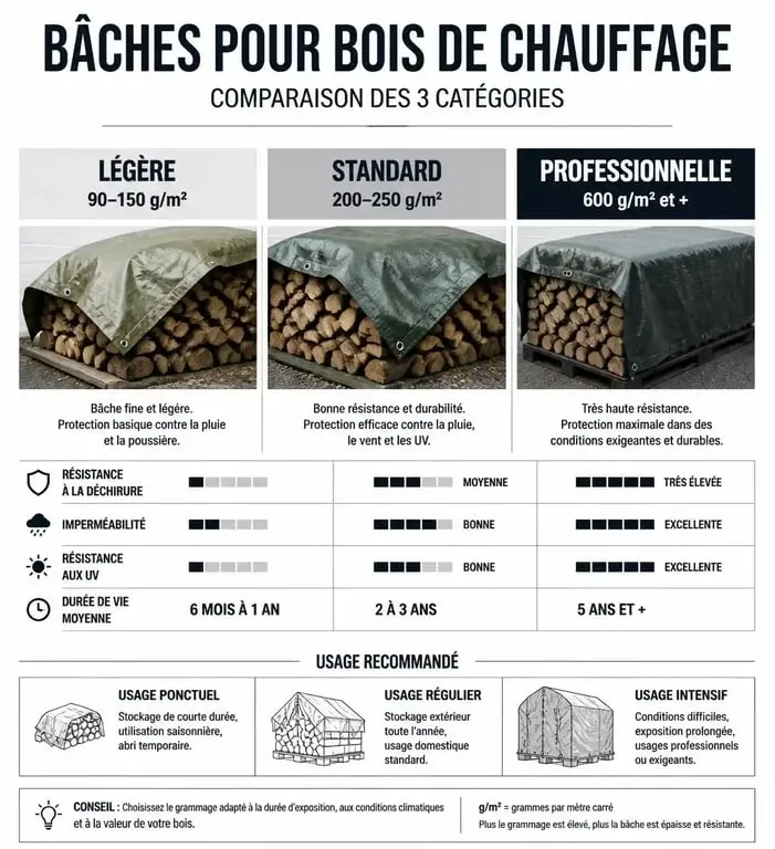 Infographie comparative des grammages de bâche pour bois de chauffage pour choisir la protection adaptée.
