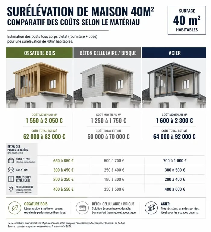 Comparatif des prix de surélévation de maison de 40m2 par matériau