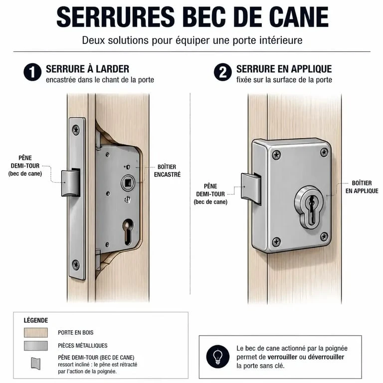 Schéma comparatif d'installation d'une serrure bec de cane : modèle à larder vs modèle en applique