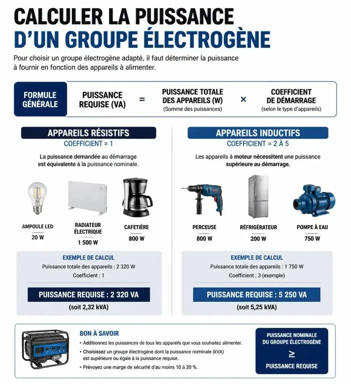Infographie explicative pour calculer la puissance nécessaire d'un groupe électrogène selon le type d'appareil