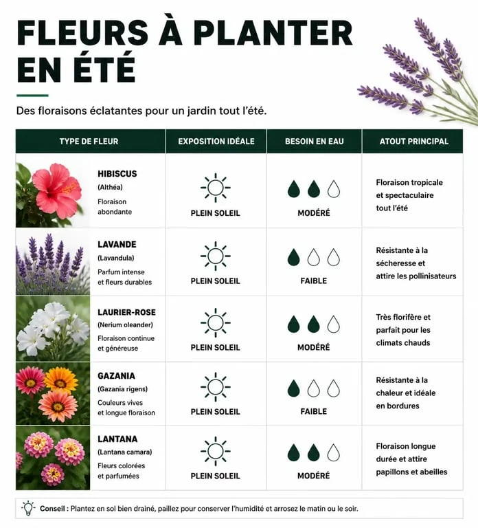 Tableau récapitulatif des fleurs à planter en juillet et août selon l'exposition et les besoins en eau pour réussir son jardin