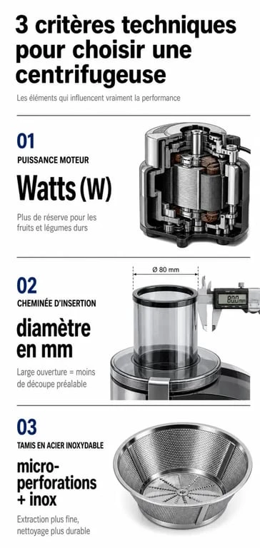 Infographie des critères techniques pour choisir la meilleure centrifugeuse