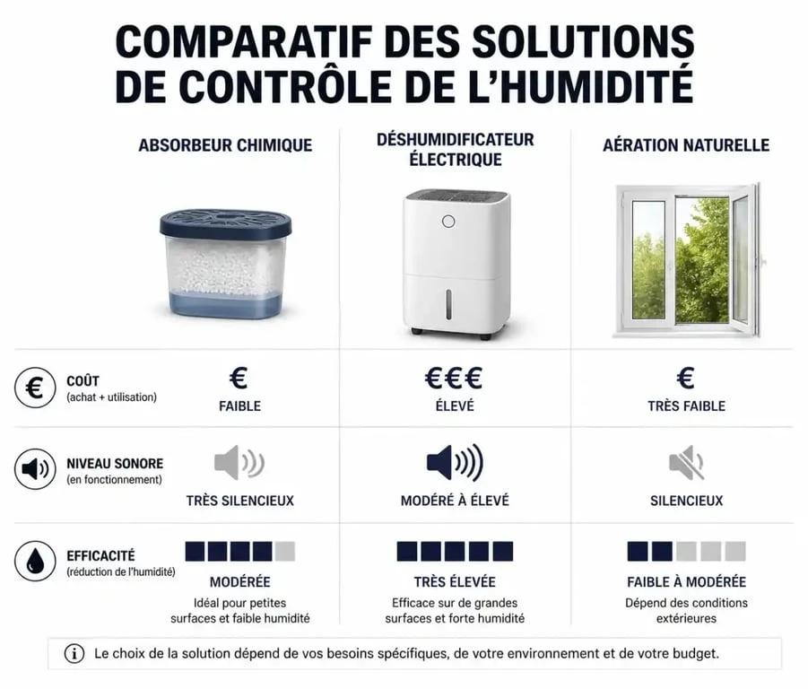 Comparatif des solutions pour gérer l'humidité dans une chambre : absorbeur chimique, déshumidificateur électrique et aération naturelle