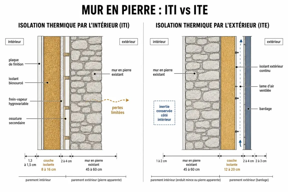 Schéma comparatif isolation thermique par l'intérieur et l'extérieur pour isoler un mur en pierre