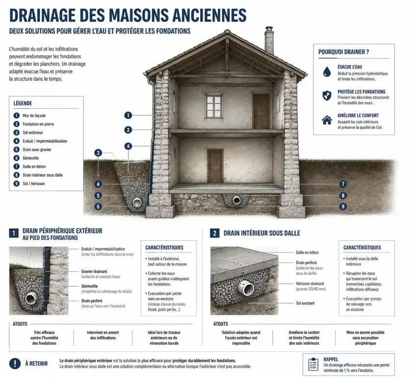Schéma technique des méthodes de drainage pour maison ancienne : drainage périphérique extérieur et drainage sous-dallage intérieur.