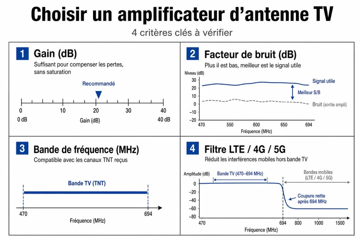 Infographie des critères techniques pour choisir un amplificateur antenne tv