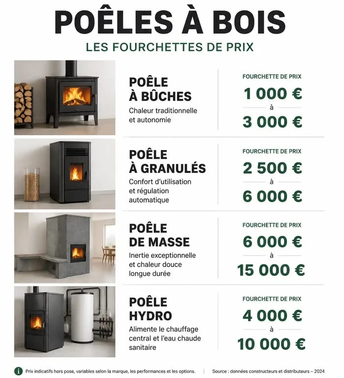 Infographie comparative des coûts d'achat et d'installation d'un poêle à bois selon la technologie
