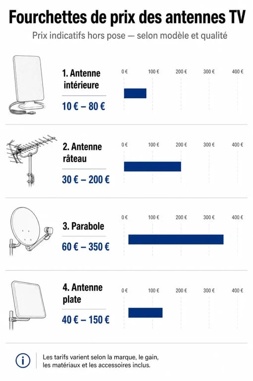 Comparatif des prix des antennes TV : antenne intérieure, râteau, parabole et antenne plate
