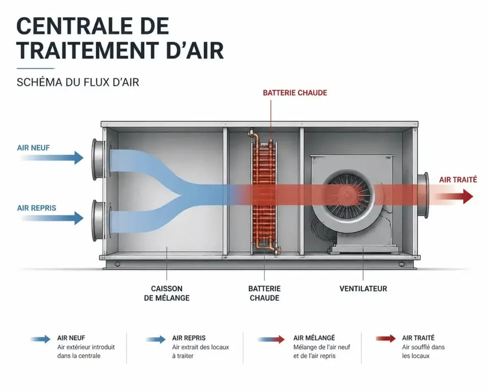 Schéma de fonctionnement d'une centrale de traitement d'air (CTA) pour le chauffage