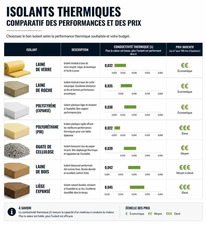 Tableau comparatif des isolants thermiques : performances, conductivité et prix